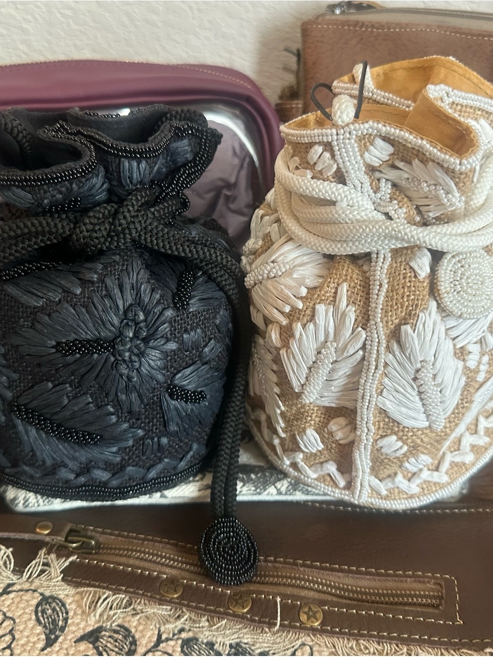 Myra Bag Natural & White Embroidered Drawstring Mini Bucket Bag - Picture 2 of 3